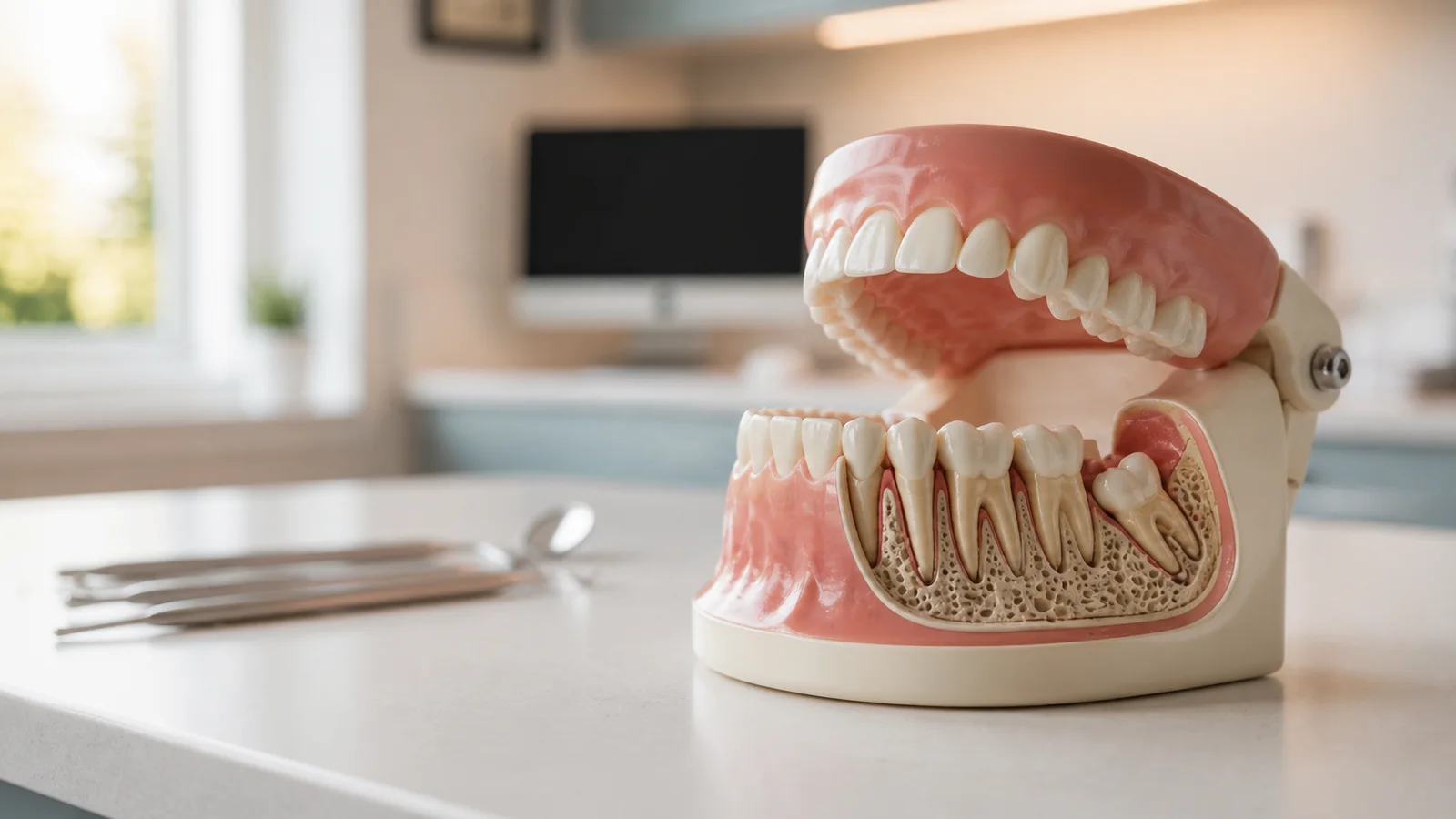 An anatomical dental model showing an impacted lower wisdom tooth in a jawbone cutaway