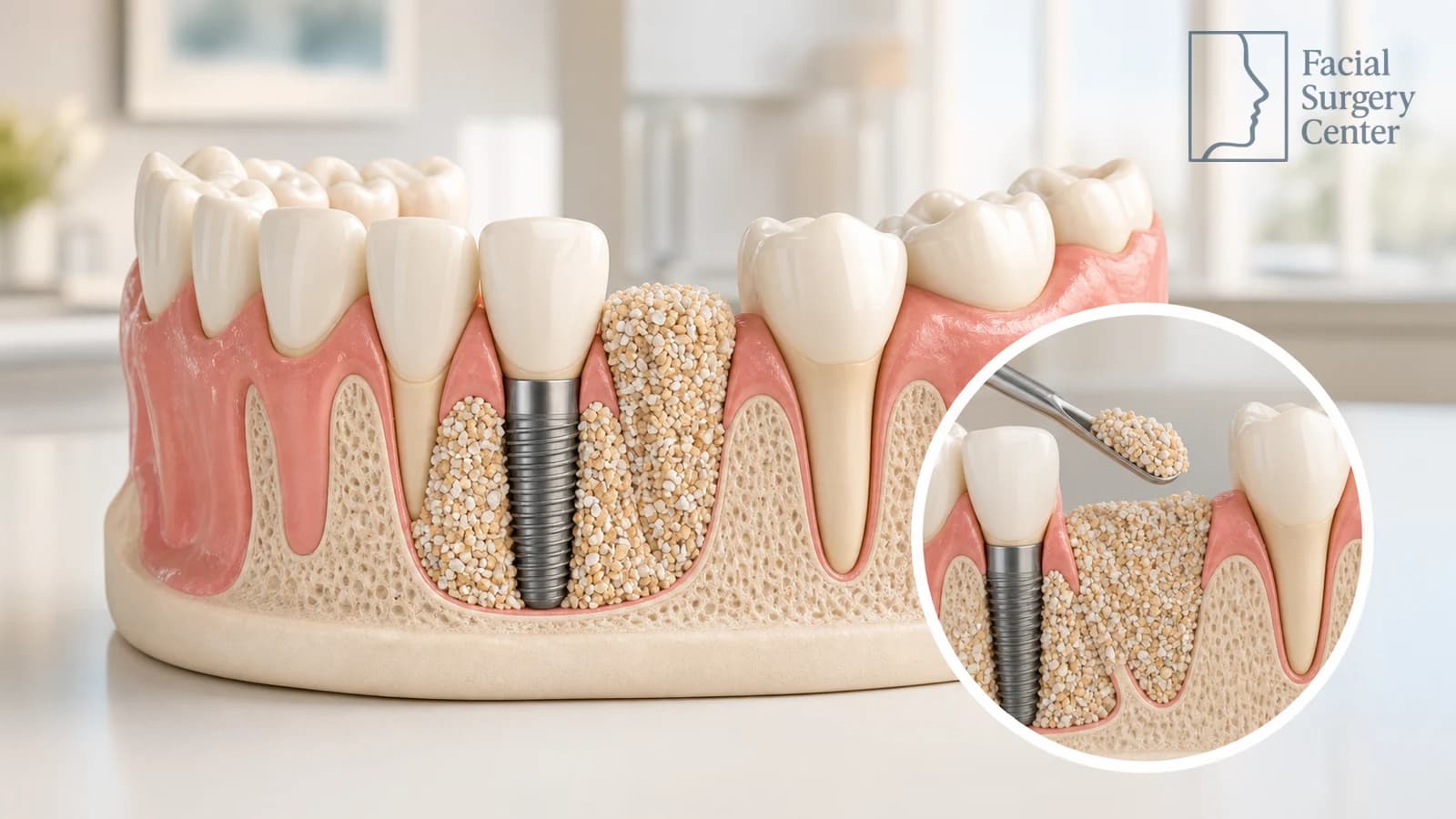 Dental jaw model showing bone graft material rebuilding a missing molar site