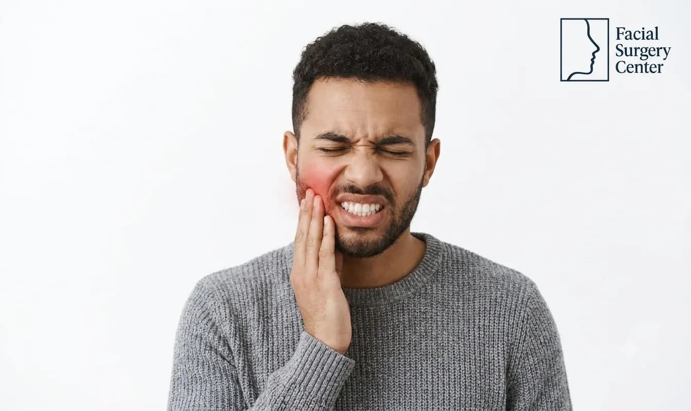 A man holding his cheek with tooth pain highlighted along his jaw